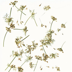 Floating dried dill in air, on white background