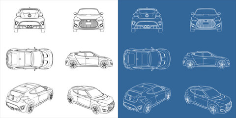 vector hatchback car line art draw blueprint wireframe from all view top corner side back isolated in transparent background