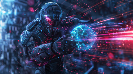 A cyber warrior, futuristic armor, protecting data sphere, laser defenses, encrypted code patterns. 