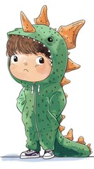 Adorable Child in Green Dinosaur Costume with Orange Spikes and Sneakers, Standing with Hands in Pockets.