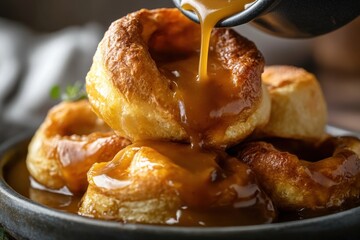 Delicious Golden Yorkshire Puddings with Rich Savory Gravy Being Poured Over for a Mouthwatering Culinary Delight.