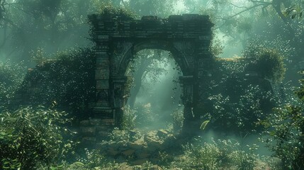 Fototapeta premium A cracked stone archway partially hidden by jungle vines and surrounded by dense foliage