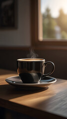 Obraz premium Cup of coffee on table on vertical background 9.