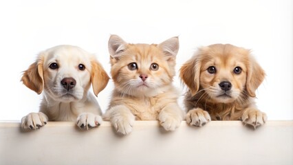 Adorable young pets, two kittens and one golden retriever puppy, peering over a white surface , cute, innocence, blue eyes