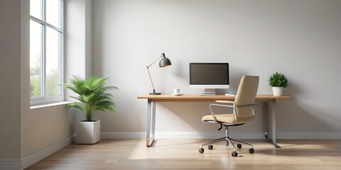 Minimalistic workspace with computer and chair, minimalistic, workspace, computer, chair, modern, simple, clean, white