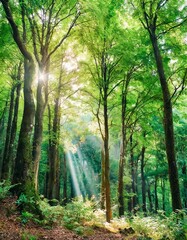 Obraz premium Green forest trees with sunbeams and deep woods sun rays shimmer. Sunbeams peeking through forest trees in early autumn shades. Time lapse.