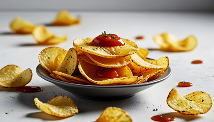 A bowl of potato chips white background