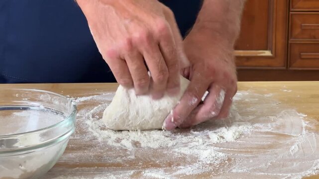 Dough video Recipe for making steps. fourth step. Kneading dough on wooden table. Step by step recipe. Healthy cooking at home in the kitchen according to recipe