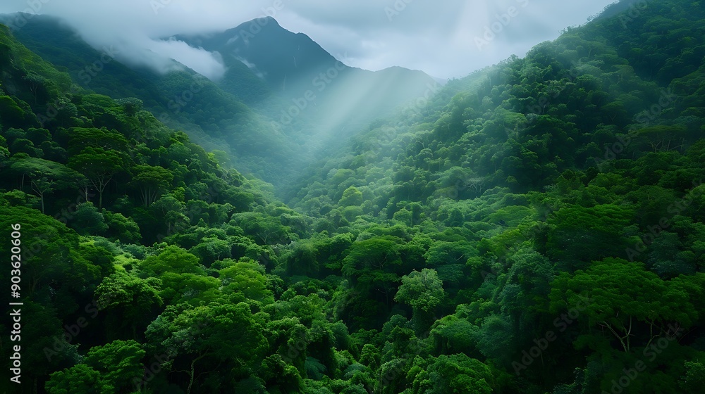 Poster a dense, primeval forest blankets the slopes of a mountain, sunlight filtering through the canopy an