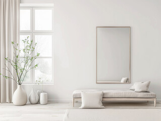 Property interiors design composition with minimal furniture, a mirror next to a large window and plain lighting. Elegant Residential interiors with copyspace.