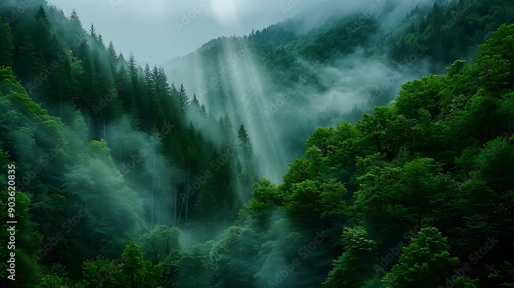 Poster a dense, primeval forest blankets the slopes of a mountain, sunlight filtering through the canopy an