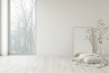 Property interiors design composition with minimal furniture, a mirror next to a large window and plain lighting. Elegant Residential interiors with copyspace.