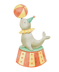 Watercolor circus seal with ball. Funny retro cute animal on isolated background. Hand drawn color illustration for kids and nursery © Elena