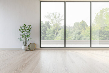 Obraz premium Property interiors design composition with minimal furniture, a mirror next to a large window and plain lighting. Elegant Residential interiors with copyspace.