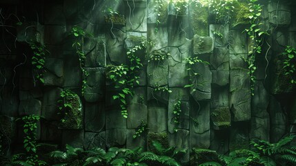 A large cracked stone wall covered in moss and vines hidden in the dense jungle environment