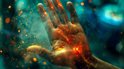 Enigmatic Palm Illuminated in Glowing Sparks, Mystical Energy Concept