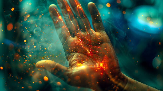 Enigmatic Palm Illuminated in Glowing Sparks, Mystical Energy Concept