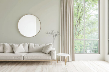 Fototapeta premium Property interiors design composition with minimal furniture, a mirror next to a large window and plain lighting. Elegant Residential interiors with copyspace.