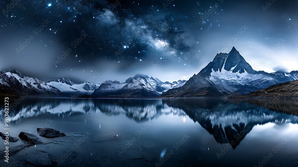 Poster A panoramic view of a mountain range at night, the starry sky reflecting in a calm lake and creating a magical atmosphere