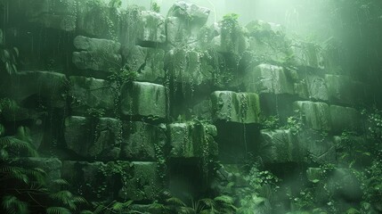 A large cracked stone wall covered in moss and vines hidden in the dense jungle environment