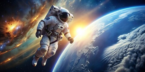 Fototapeta premium A striking poster featuring an astronaut floating in space with Earth in the background, astronaut, space