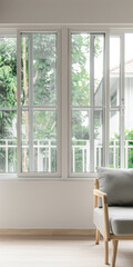 Fototapeta premium Property interiors design composition with minimal furniture, a mirror next to a large window and plain lighting. Elegant Residential interiors with copyspace.