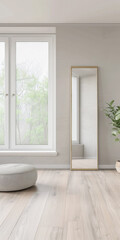 Obraz premium Property interiors design composition with minimal furniture, a mirror next to a large window and plain lighting. Elegant Residential interiors with copyspace.