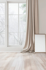 Fototapeta premium Property interiors design composition with minimal furniture, a mirror next to a large window and plain lighting. Elegant Residential interiors with copyspace.