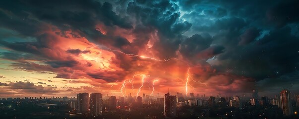 Cityscape Illustration with Dramatic Lightning Storm