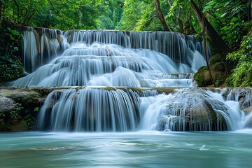 Serene Waterfall in Lush Green Forest - Nature Photography