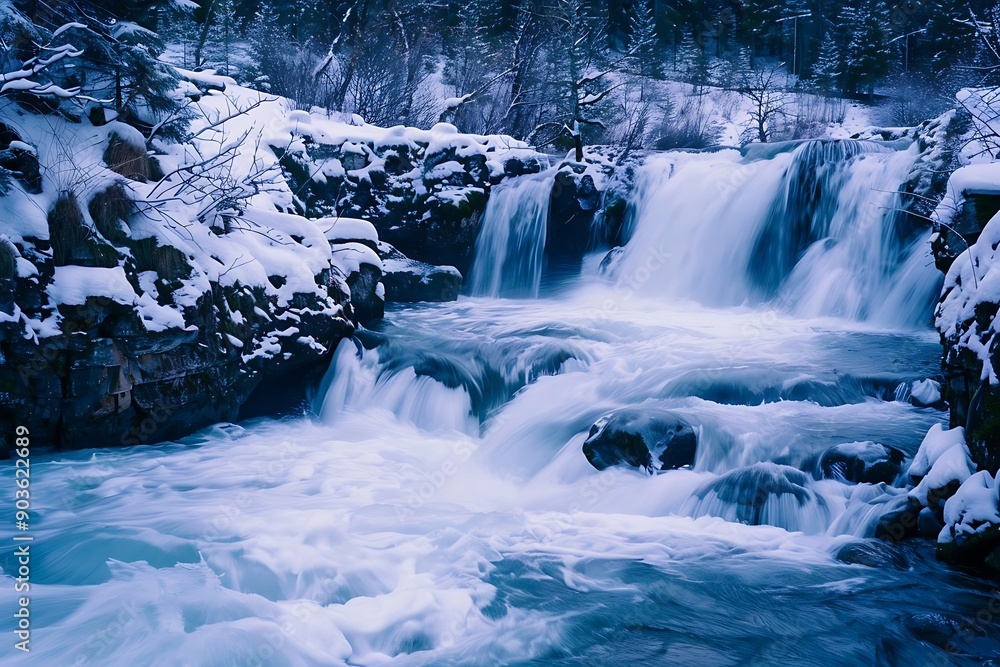 Wall mural Snowy Waterfall in Winter Forest Photography