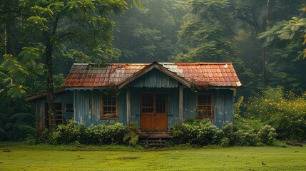 Obraz premium An old abandoned wooden cabin with cracked walls and a collapsed roof in a dense forest