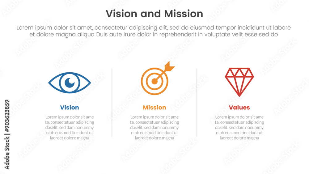Poster business vision mission and values analysis tool framework infographic with horizontal clean informa