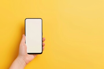Hand Holding Smartphone with White Display Screen on a Yellow Background - Technology Mockup for Design, Marketing, and Advertising