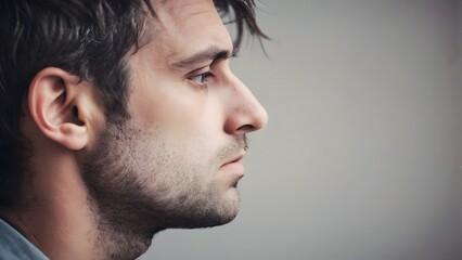 Obraz premium Close-up profile of man with anxirty , anxious and frustrated emotion, physical and emotional distress, on copy space background