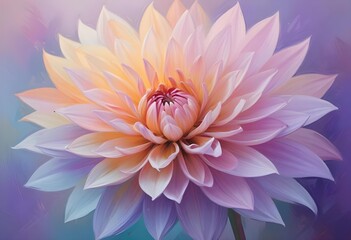 Obraz premium Close-up of a vibrant, multi-colored dahlia flower with soft, delicate petals in shades of pink, orange, and purple against a blurred, pastel background, bold and slim lines, brush strokes