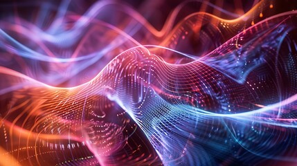 Fototapeta premium Abstract Wavy Pattern with Neon Lights and Glittering Dots