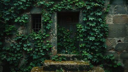 Crumbling stone structures overgrown with vines and jungle foliage, showing deep cracks and decay