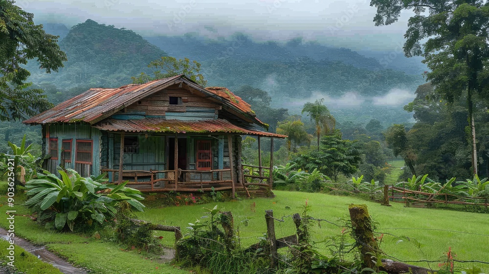 Wall mural Old wooden huts with cracked weathered surfaces surrounded by jungle foliage and natural growth