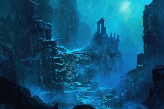 Ancient ruins of a forgotten underwater city bathed in an eerie blue light