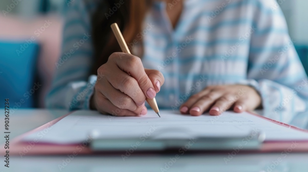 Poster closeup shot of a person s hand writing on a notepad placed on a wooden table depicting the process 