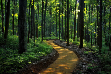 Obraz premium A winding path through a lush green forest with tall trees and dappled sunlight.