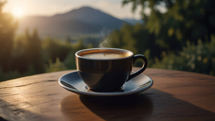 Cup of coffee on table in sunshine background 4.
