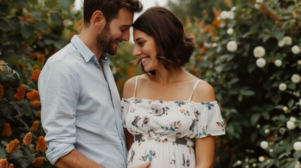 Fototapeta premium Loving Embrace in Idyllic Garden Setting Happy Couple Celebrating Intimate Moment Outdoors Surrounded by Lush Foliage and Blooming Flowers