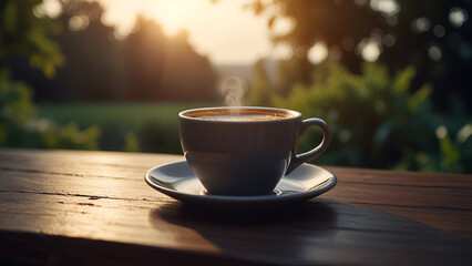 Obraz premium Cup of coffee on table in sunshine background 5.