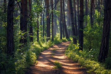 Obraz premium Sunlit Path Winding Through a Dense Forest