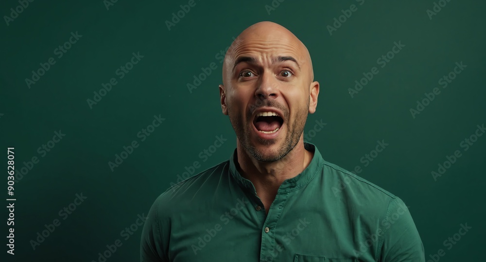 Poster handsome bald guy in plain green background looking happy amazed surpised wow shocked expression wit