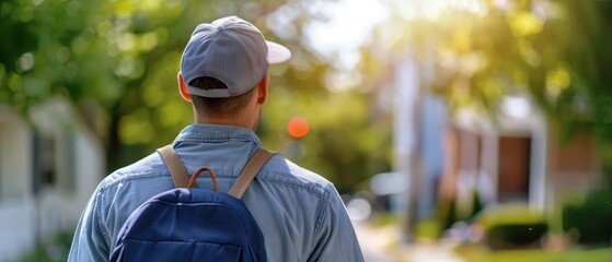 Mail carrier style in a postal uniform delivering mail in a neighborhood