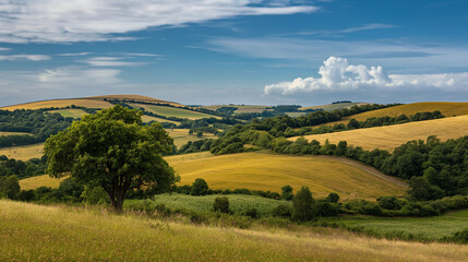 Obraz premium A picturesque countryside landscape. Rolling hills stretch out in the distance, dotted with patches of green trees and fields