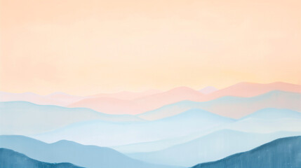 
A serene landscape painting. Dominating the top half is a vast sky painted in hues of orange, peach, and soft yellow, suggesting either a sunrise or sunset